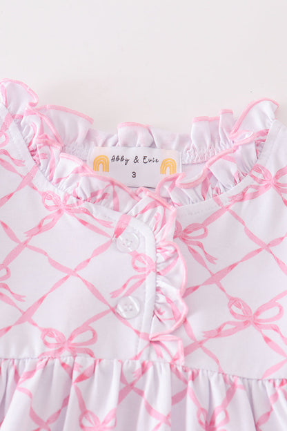 Pink Bow Lattice Long Sleeve Dress – Ruffle Trim