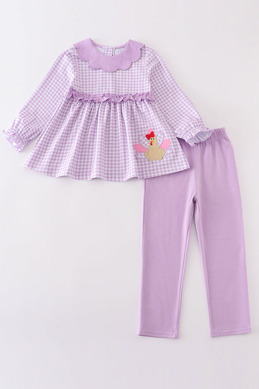 Lavender Gingham Turkey Tunic & Legging Set – Girls’ Fall & Thanksgiving Outfits