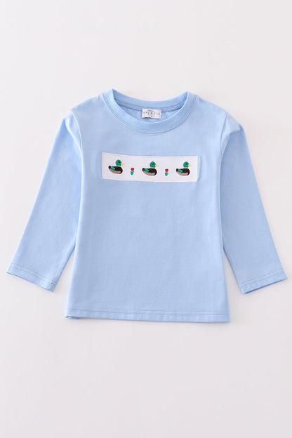 Duck Trio Smocked Long Sleeve Tee – Light Blue