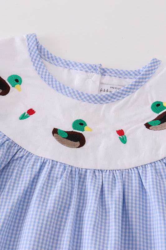 Mallard Duck Embroidered Gingham Dress – Blue & Green