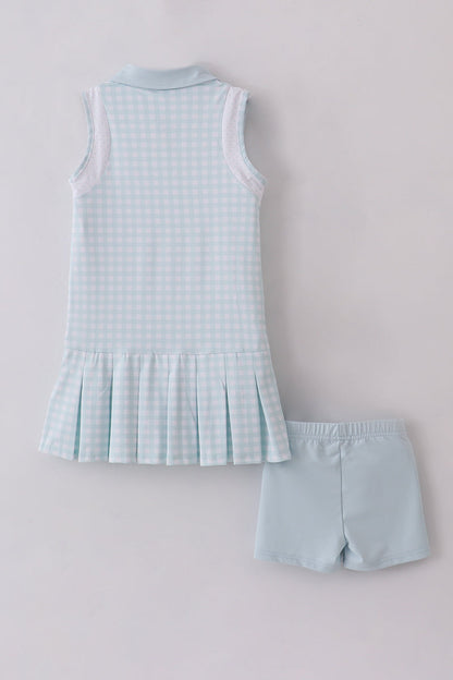 Girls Light Blue Gingham Sleeveless Tennis Dress Set