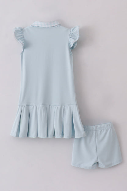 Girls Light Blue Flutter Sleeve Tennis Dress with Gingham Trim