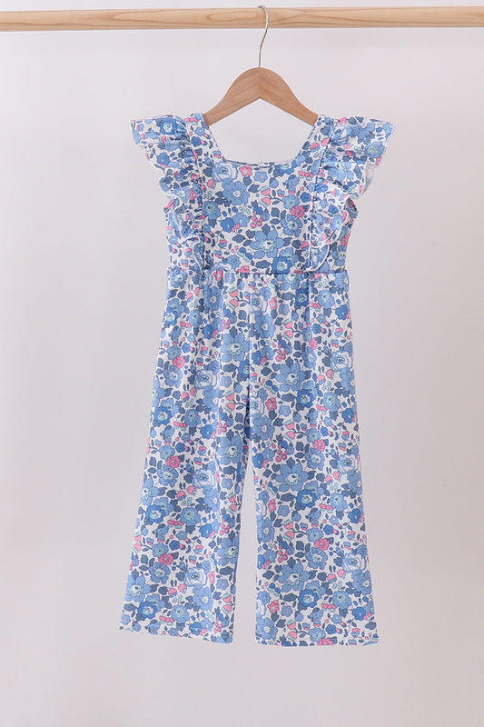 Floral jumpsuit on a hanger against a white background