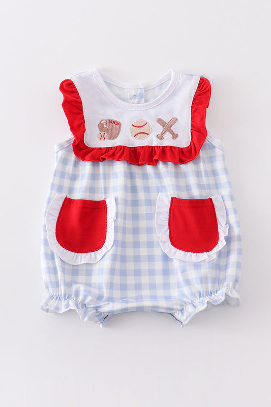 Baby romper with red and white checkered pattern on a plain background