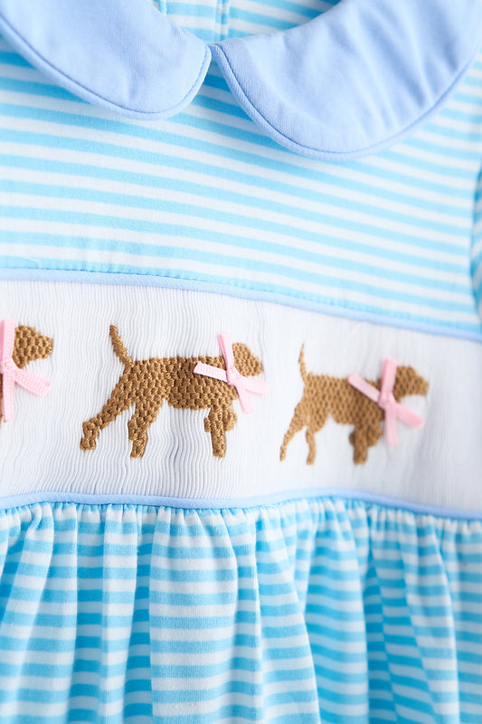 Blue Puppy Parade Smocked Dress – Long Sleeve Striped Style