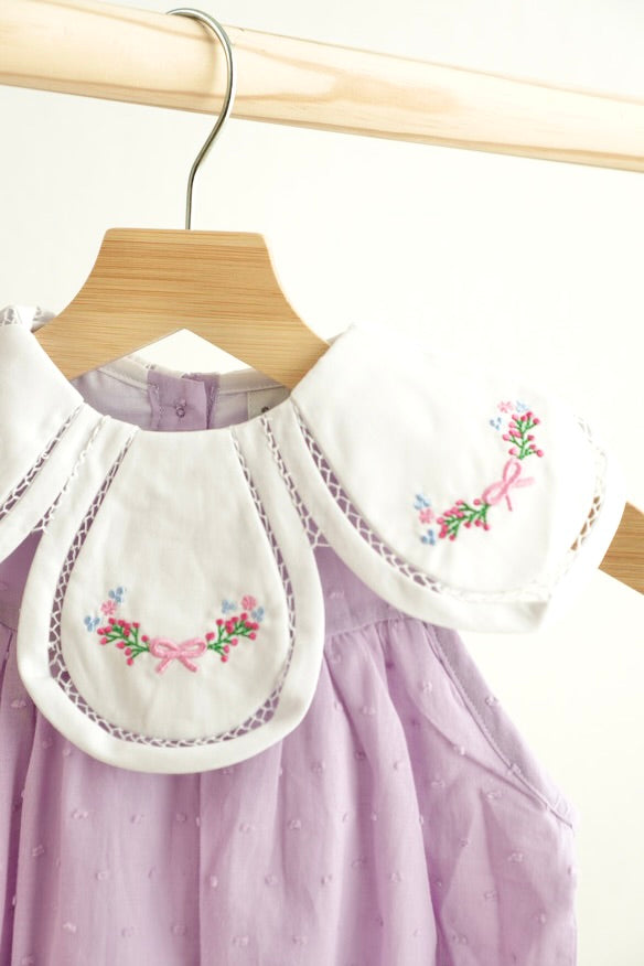 Lavender Bubble Romper with Embroidered Scalloped Collar