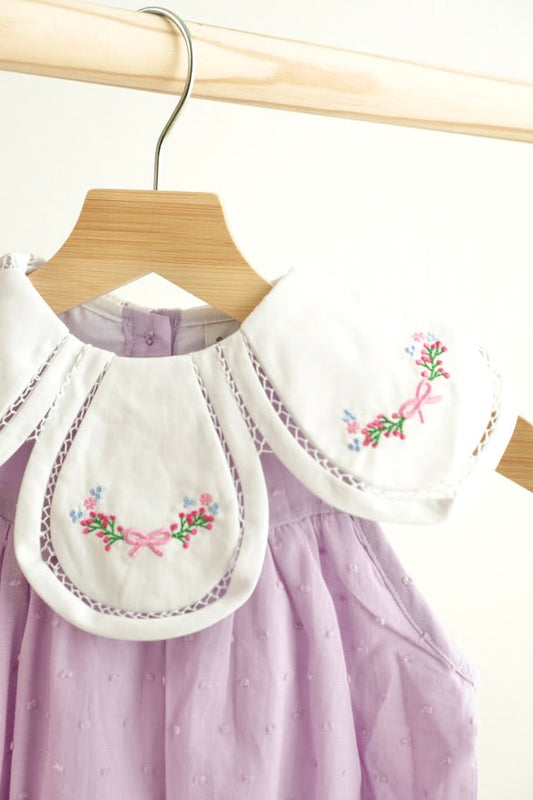 Lavender Bubble Romper with Embroidered Scalloped Collar