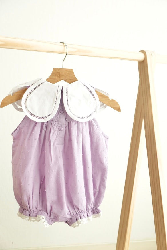 Lavender Bubble Romper with Embroidered Scalloped Collar
