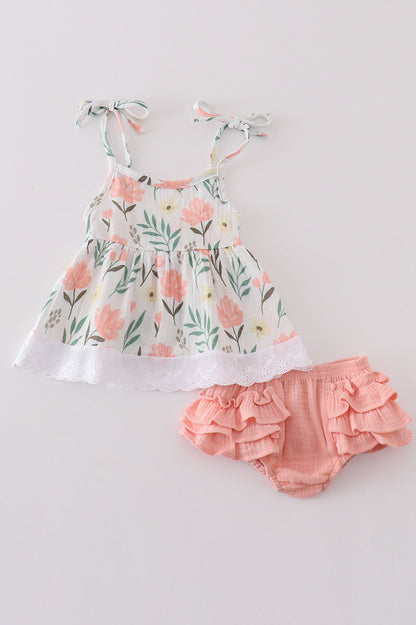 baby girl summer outfit, floral top and bloomer set, baby ruffle bloomers, muslin baby clothes, baby girl boutique clothing, tie-shoulder baby outfit