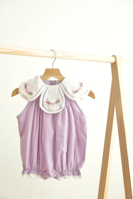 embroidered baby romper
lavender baby bubble outfit
heirloom baby girl clothes
scalloped collar romper
vintage baby girl clothing
boutique baby girl outfit