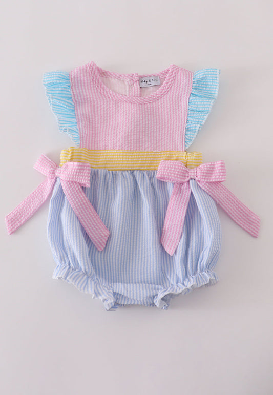 Front Pastel Seersucker Bow Romper
