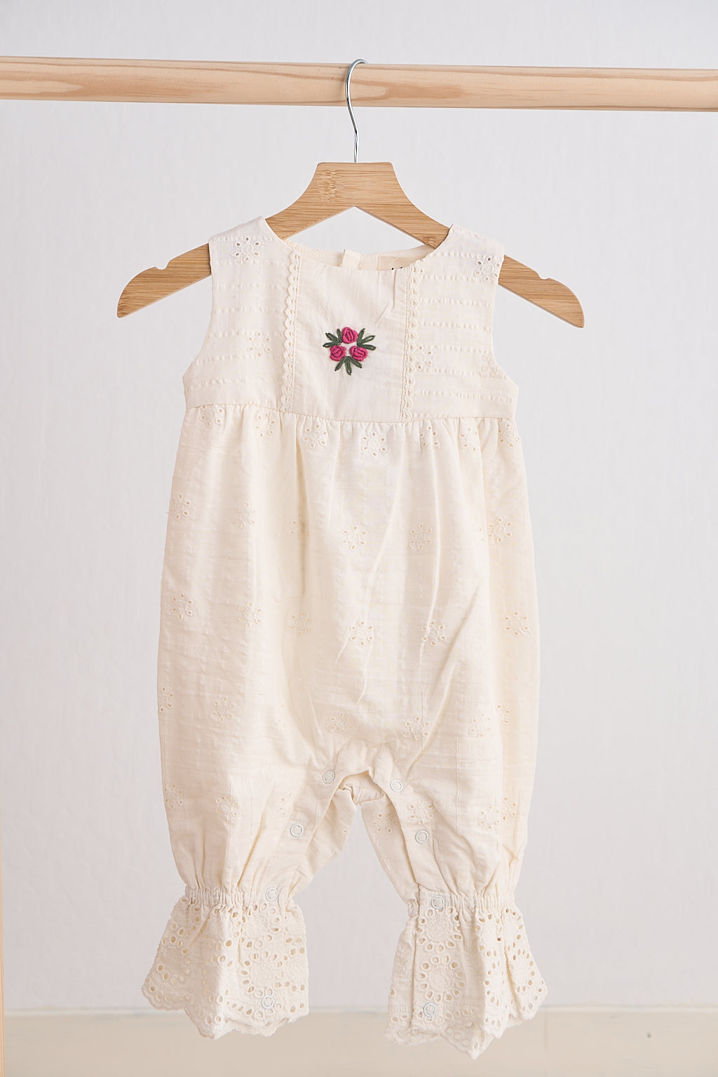 Vintage Cream Eyelet Romper with Embroidered Rose
