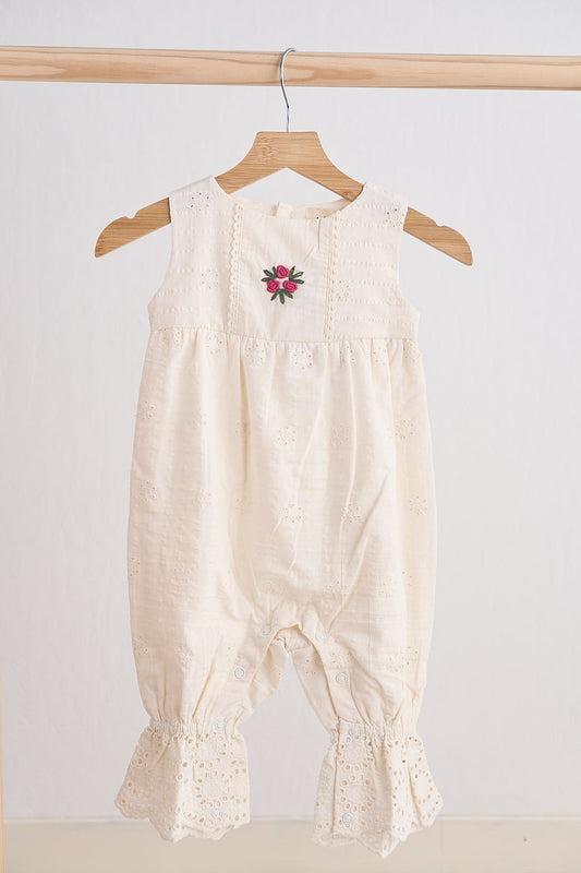 Vintage Cream Eyelet Romper with Embroidered Rose