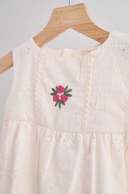 Vintage Cream Eyelet Romper with Embroidered Rose