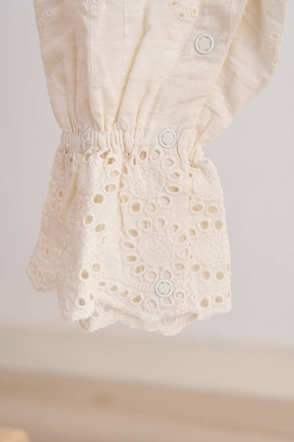 Vintage Cream Eyelet Romper with Embroidered Rose
