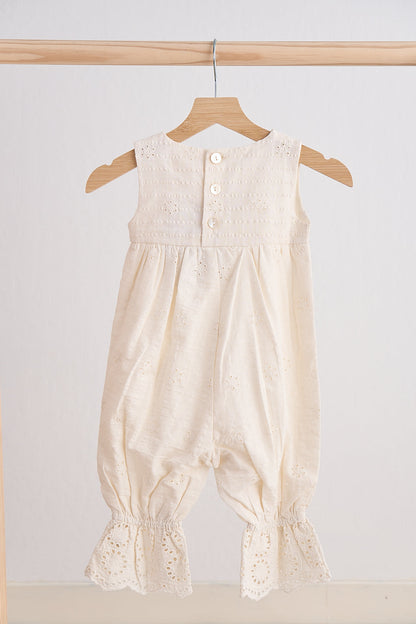 Vintage Cream Eyelet Romper with Embroidered Rose