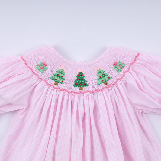 Pink Christmas Tree Hand-Smocked Dress
