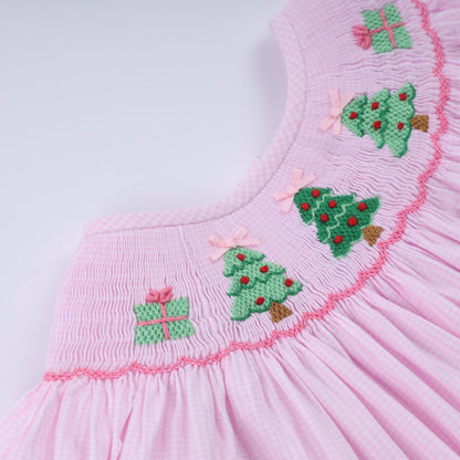 Pink Christmas Tree Hand-Smocked Dress