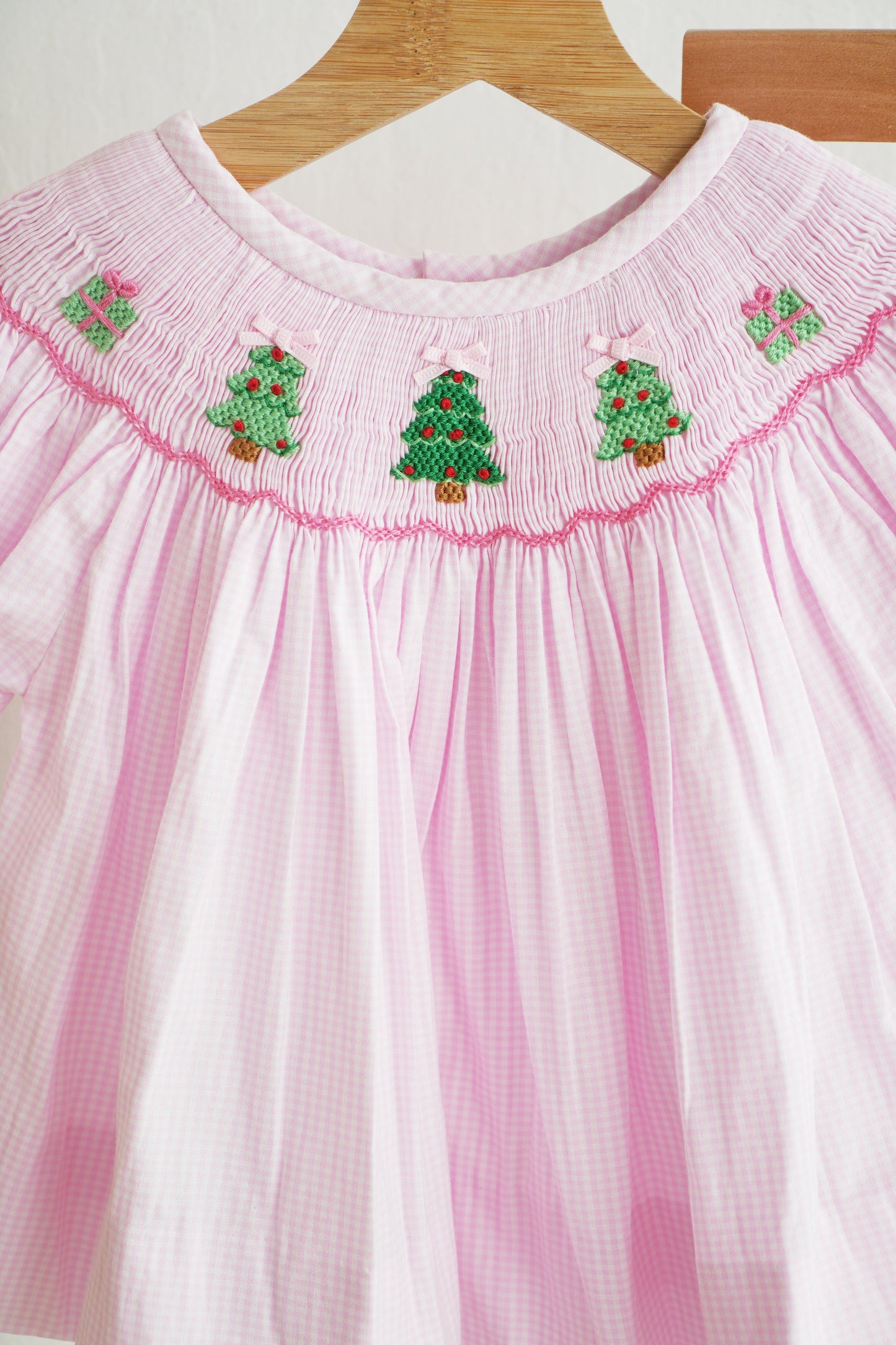Pink Christmas Tree Hand-Smocked Bloomer Set