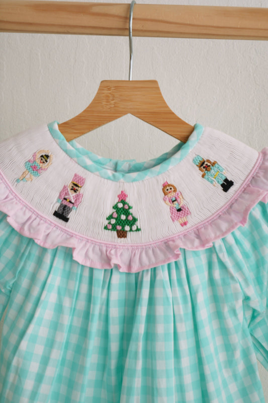 Mint Christmas Nutcracker Smocked Gingham Dress