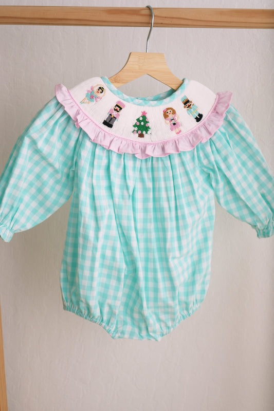 Mint Christmas Nutcracker Hand-Smocked Gingham Bubble