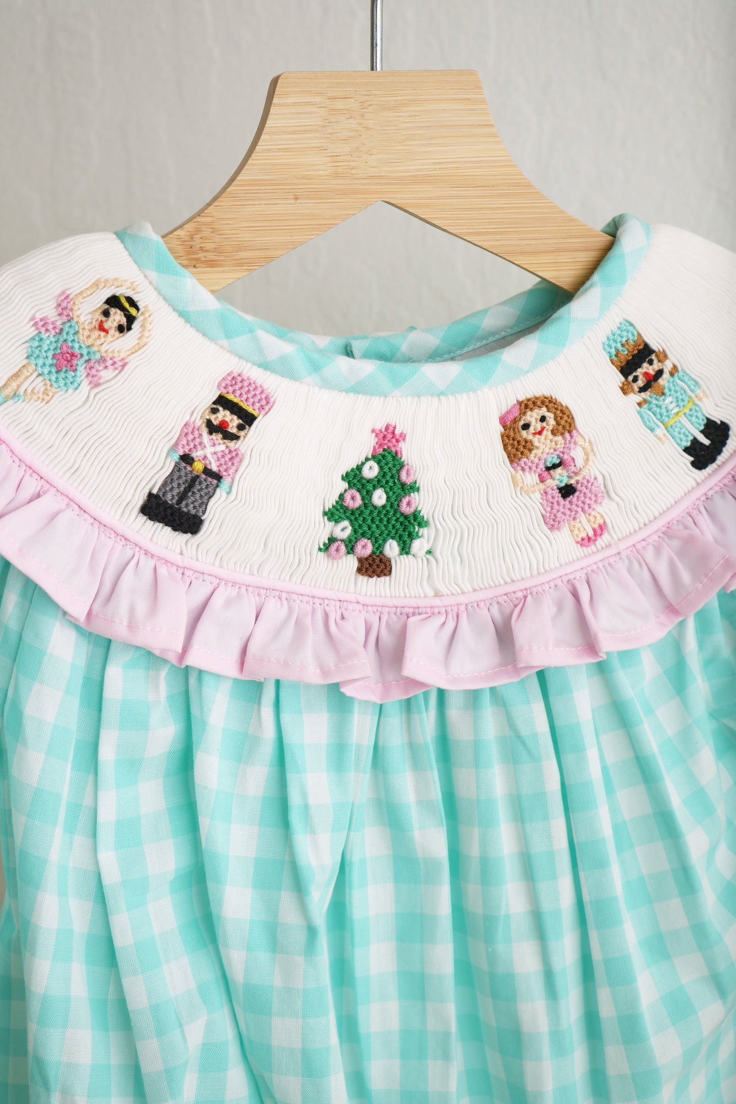 Mint Christmas Nutcracker Hand-Smocked Gingham Bubble