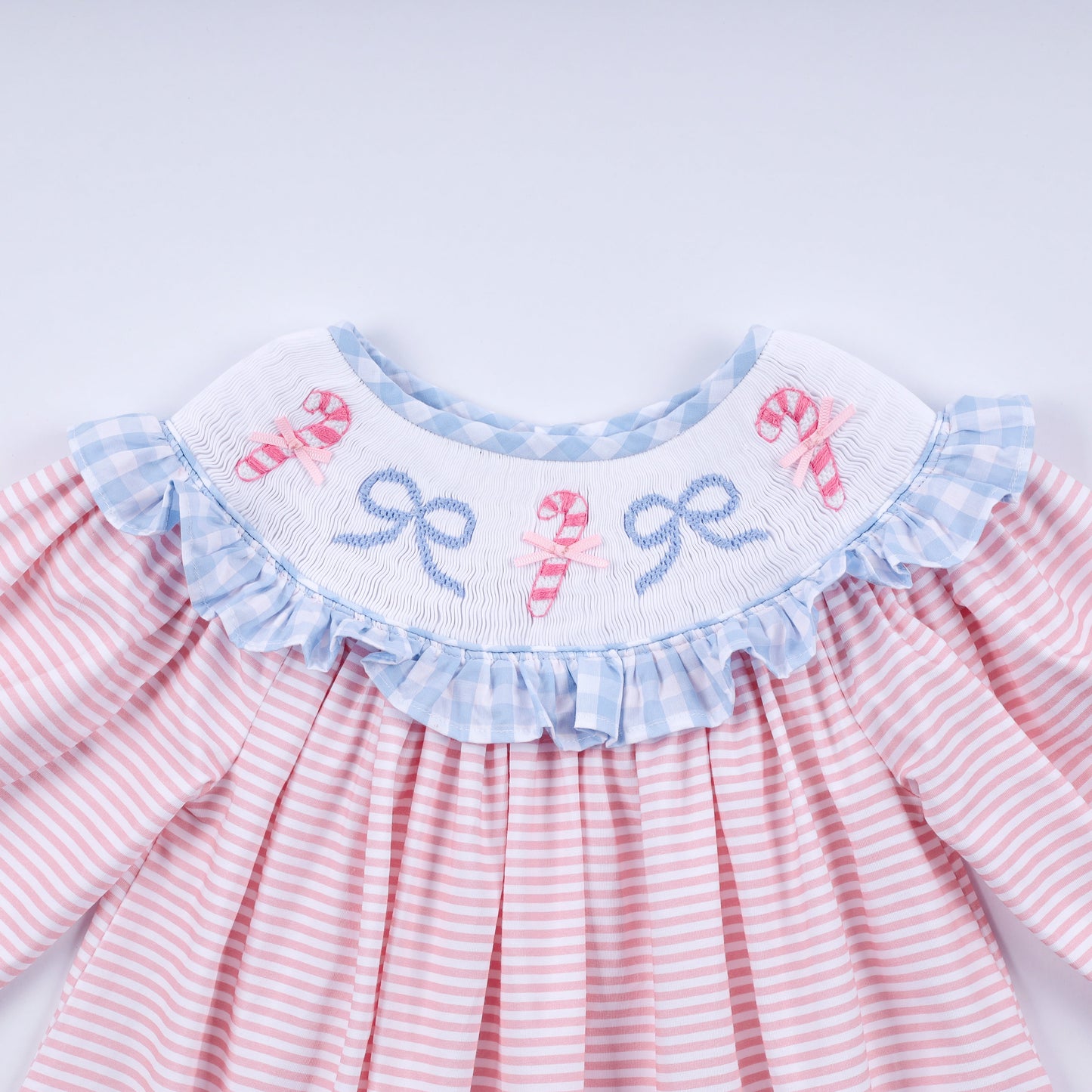 Pink Candy Cane Bow Smocked Ruffle Dress