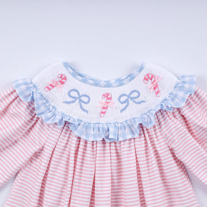 Pink Candy Cane Bow Smocked Ruffle Dress