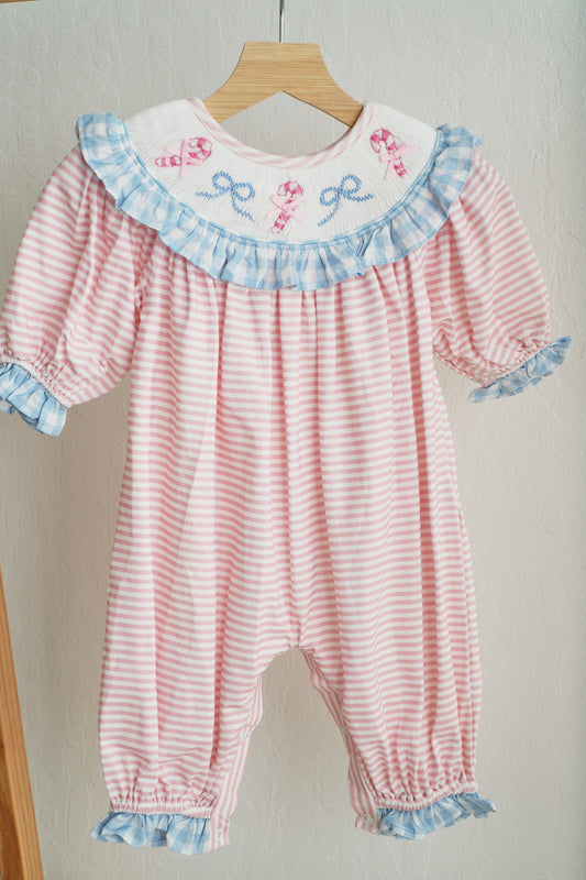 Pink Candy Cane Bow Hand-Smocked Ruffle Romper