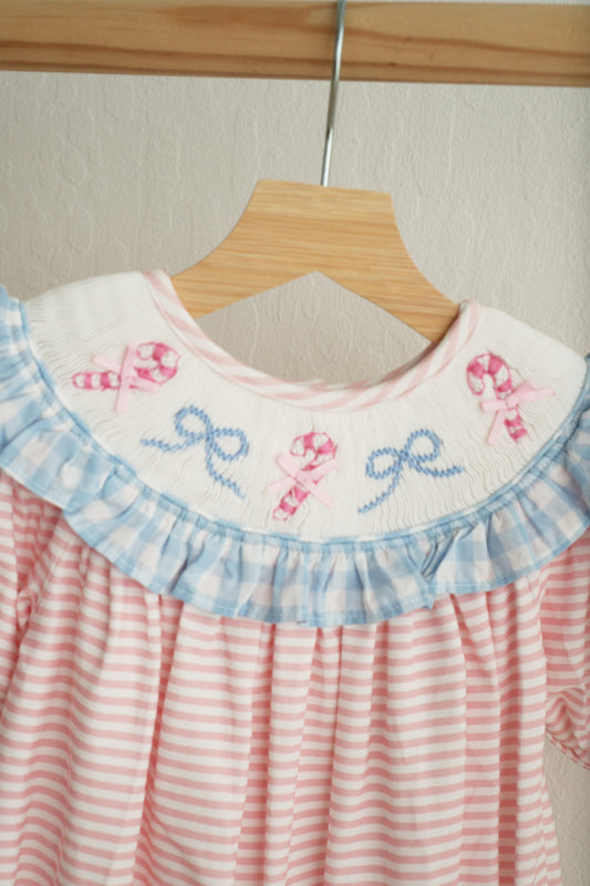 Pink Candy Cane Bow Hand-Smocked Ruffle Romper
