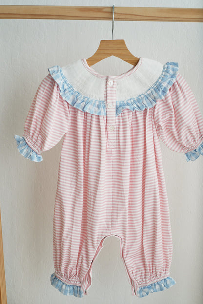 Pink Candy Cane Bow Hand-Smocked Ruffle Romper