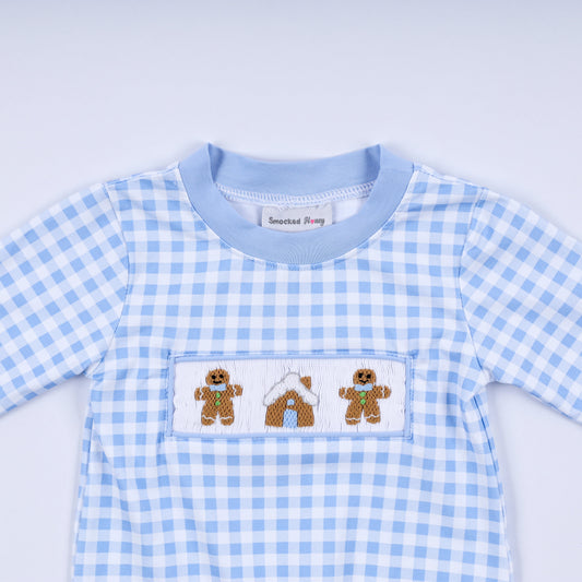 Blue Gingerbread Hand-Smocked Romper
