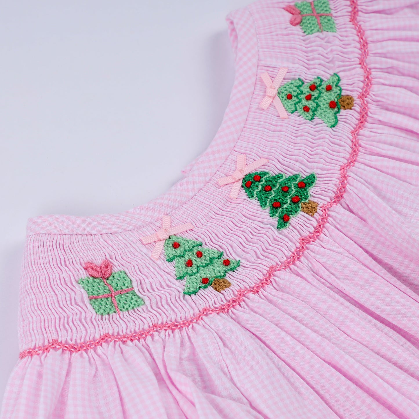 Pink Christmas Tree Hand-Smocked Romper