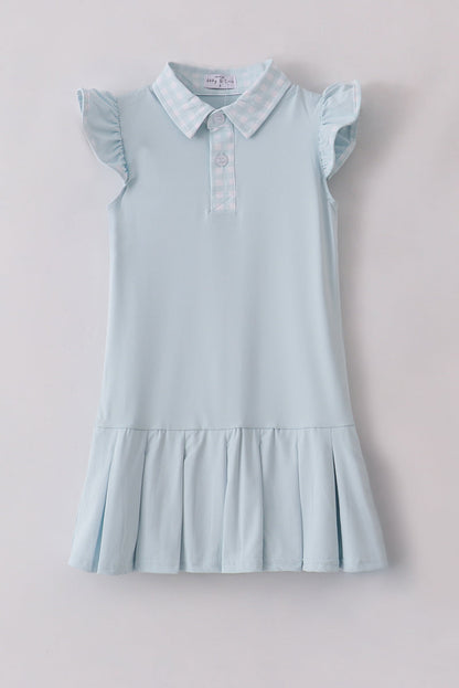 Girls Light Blue Flutter Sleeve Tennis Dress with Gingham Trim