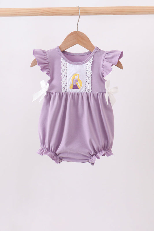 A baby girl's lavender purple romper with ruffled sleeves, white lace trim, white bow details, and a graphic of Rapunzel on the chest, hanging on a wooden hanger.