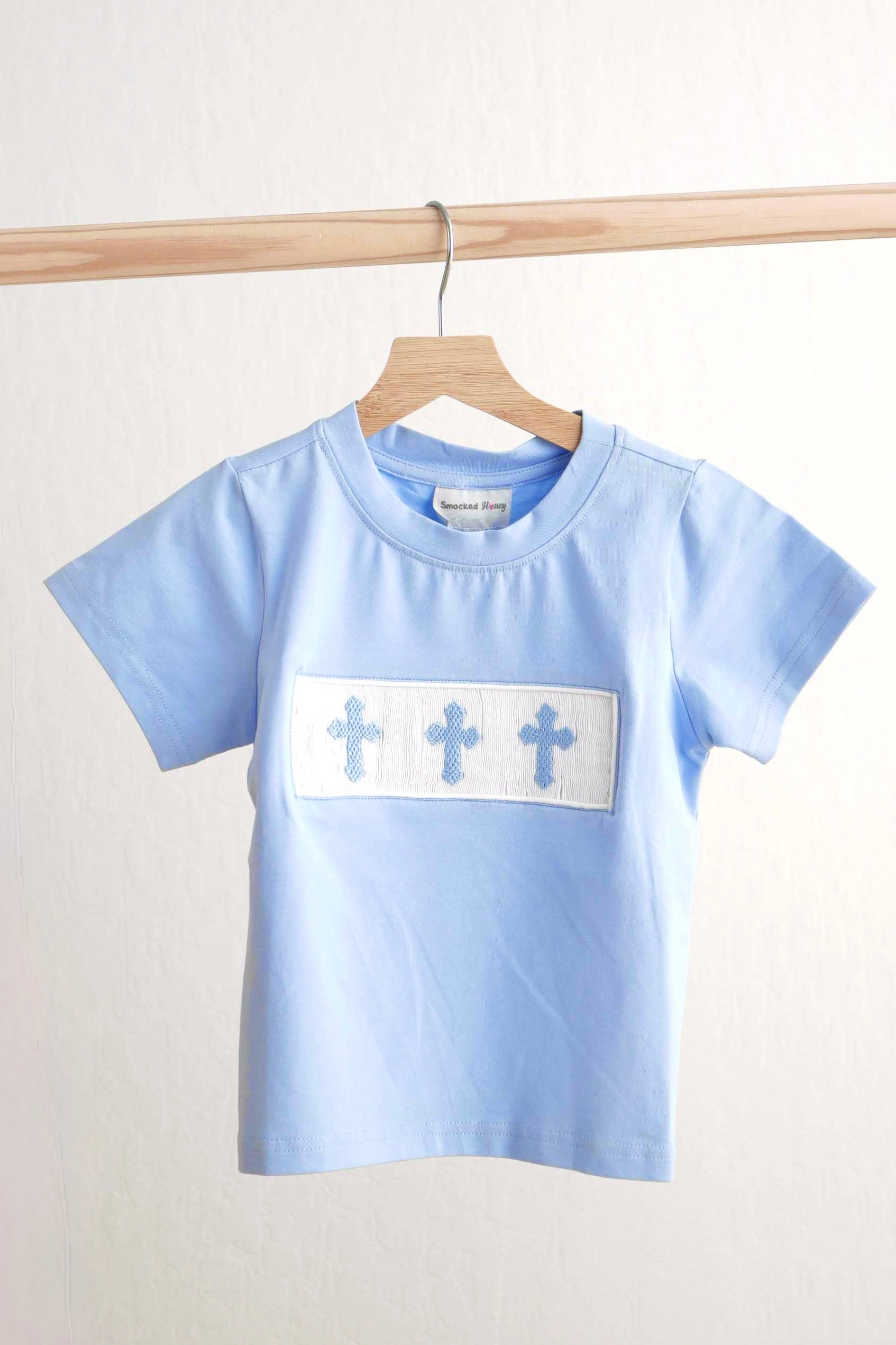 Light Blue Smocked Cross T-Shirt – Boys’ Christian Tee