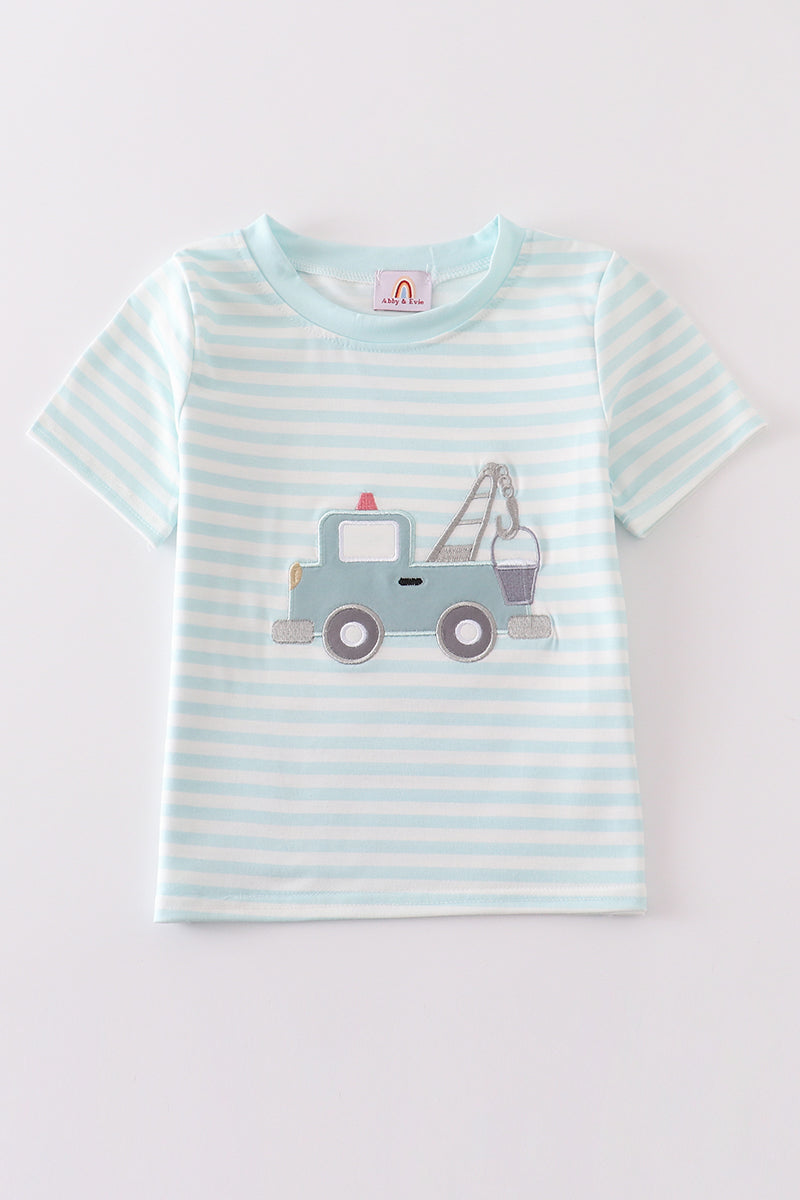 Tow Truck Appliqué Tee – Light Blue Stripes