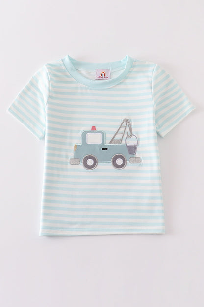 Tow Truck Appliqué Tee – Light Blue Stripes