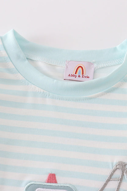 Tow Truck Appliqué Tee – Light Blue Stripes