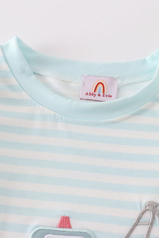 Tow Truck Appliqué Tee – Light Blue Stripes