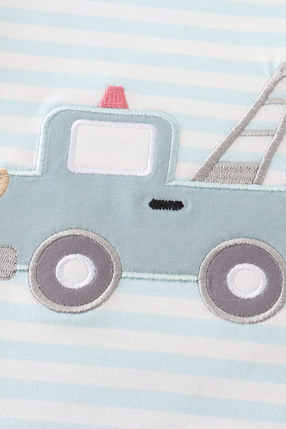 Tow Truck Appliqué Tee – Light Blue Stripes