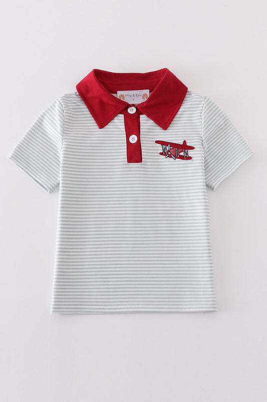 Vintage Plane Polo – Gray Stripe & Red