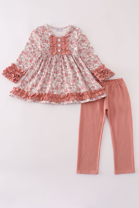 Rusty Rose Floral Ruffle Tunic & Legging Set
