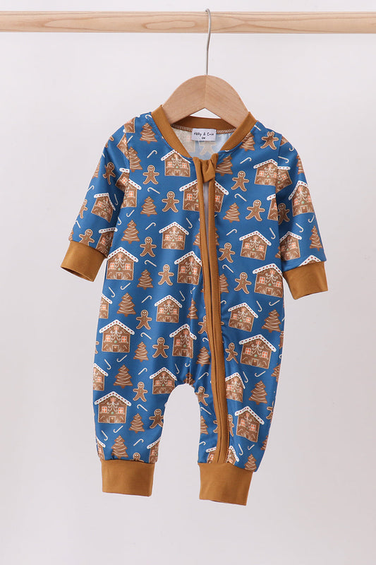 Baby Gingerbread Holiday Zip Pajama Romper – Christmas Cookie Print One-Piece