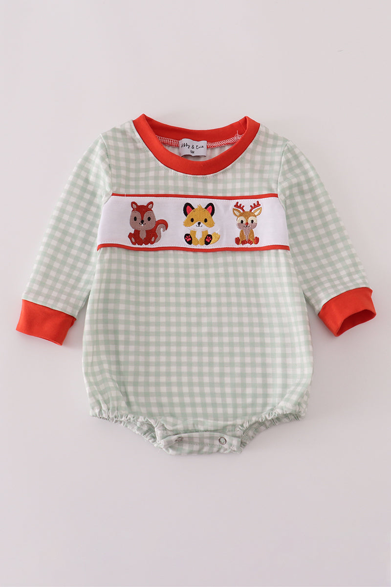 Woodland Friends Smocked Gingham Bubble Romper

