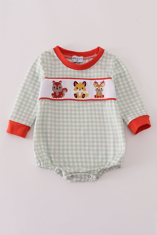 Woodland Friends Smocked Gingham Bubble Romper

