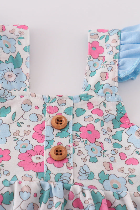 Floral Bubble Romper with Ruffle Sleeves – Pink & Blue
