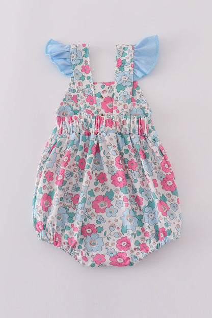 Floral Bubble Romper with Ruffle Sleeves – Pink & Blue