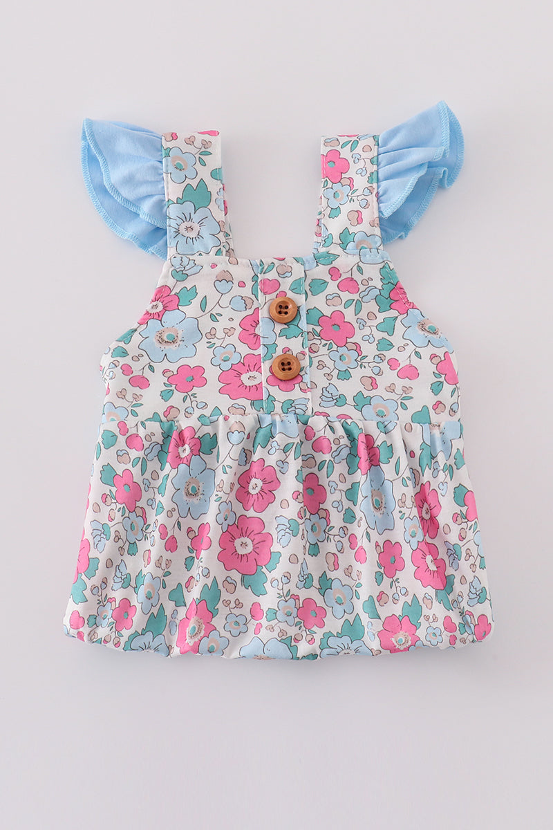 Floral Bubble Romper with Ruffle Sleeves – Pink & Blue