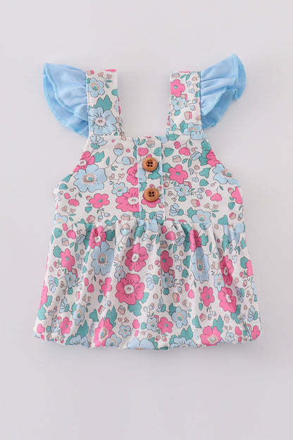 Floral Bubble Romper with Ruffle Sleeves – Pink & Blue